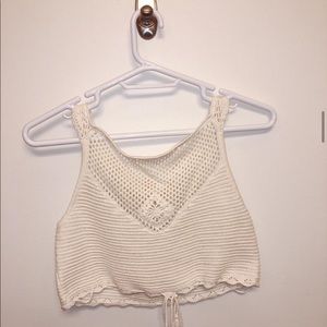 Cream crochet cropped top with tie in front